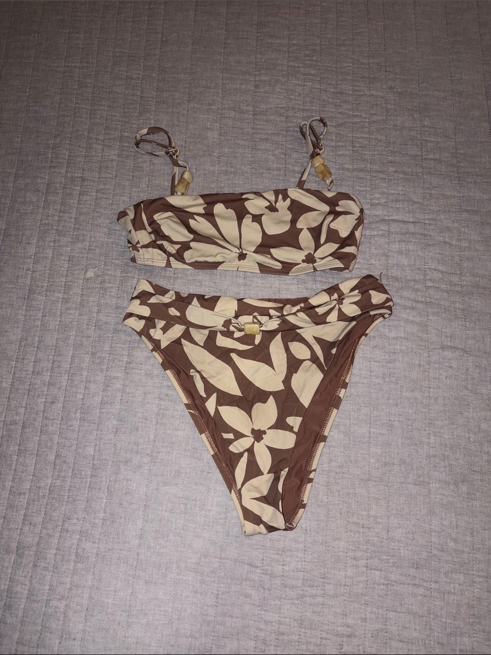 Vitamin A Brown and Cream Floral Bandeau Bikini Set